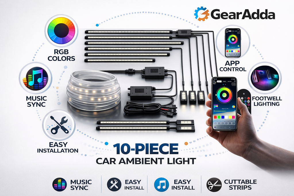 10-Piece Acrylic RGB Car Ambient Light Kit – App Control, Music Sync, Dashboard, Doors & Footwell LED Interior Lights