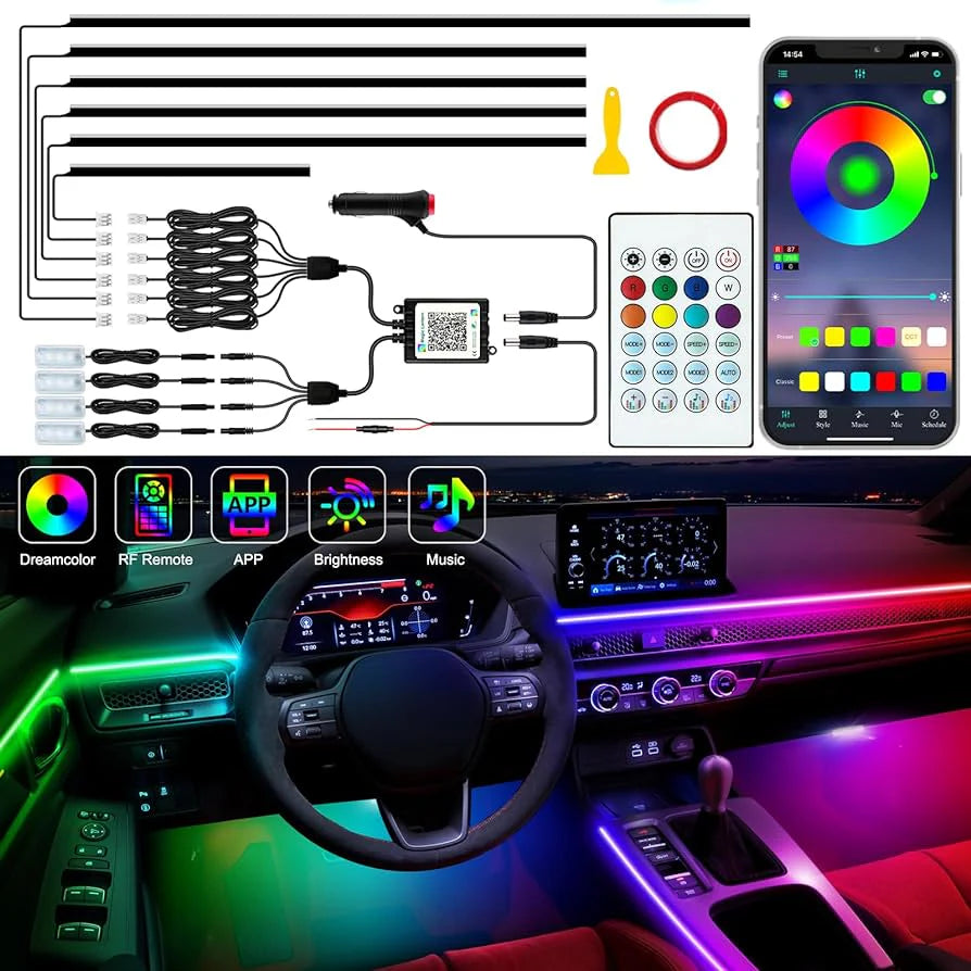 10-Piece Acrylic RGB Car Ambient Light Kit – App Control, Music Sync, Dashboard, Doors & Footwell LED Interior Lights