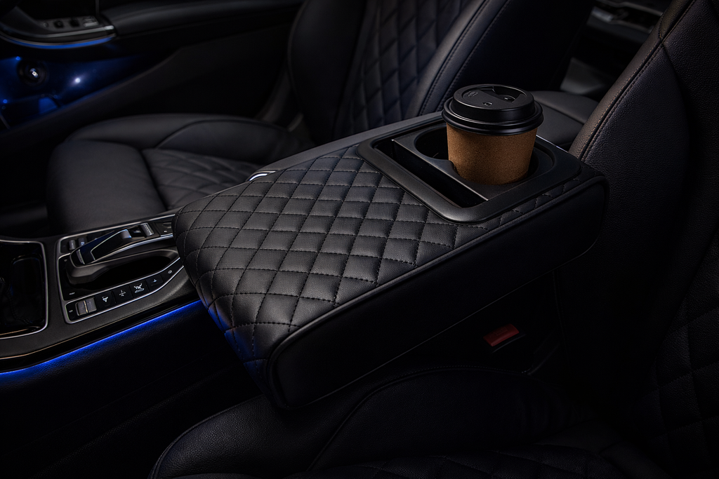 Premium Car Armrest Organizer with Cup Holder – Quilted Leather Console Storage Box with Free Microfiber Cleaning Cloth