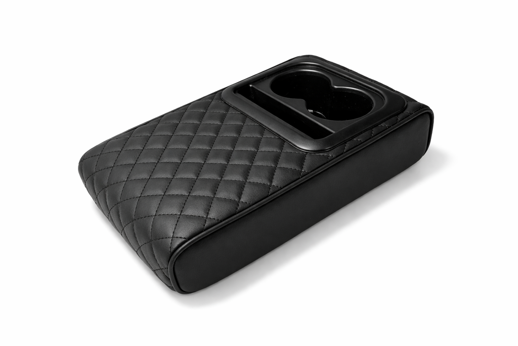 Premium Car Armrest Organizer with Cup Holder – Quilted Leather Console Storage Box with Free Microfiber Cleaning Cloth