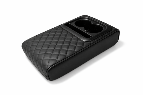 Premium Car Armrest Organizer with Cup Holder – Quilted Leather Console Storage Box with Free Microfiber Cleaning Cloth