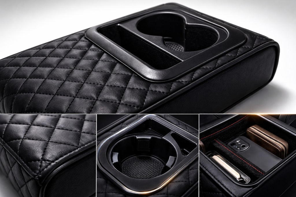 Premium Car Armrest Organizer with Cup Holder – Quilted Leather Console Storage Box with Free Microfiber Cleaning Cloth