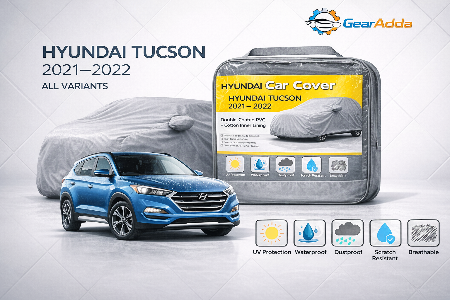 Premium Waterproof Car Cover for Hyundai Tucson (2021–2024) – Double Coated PVC with Soft Cotton Inner