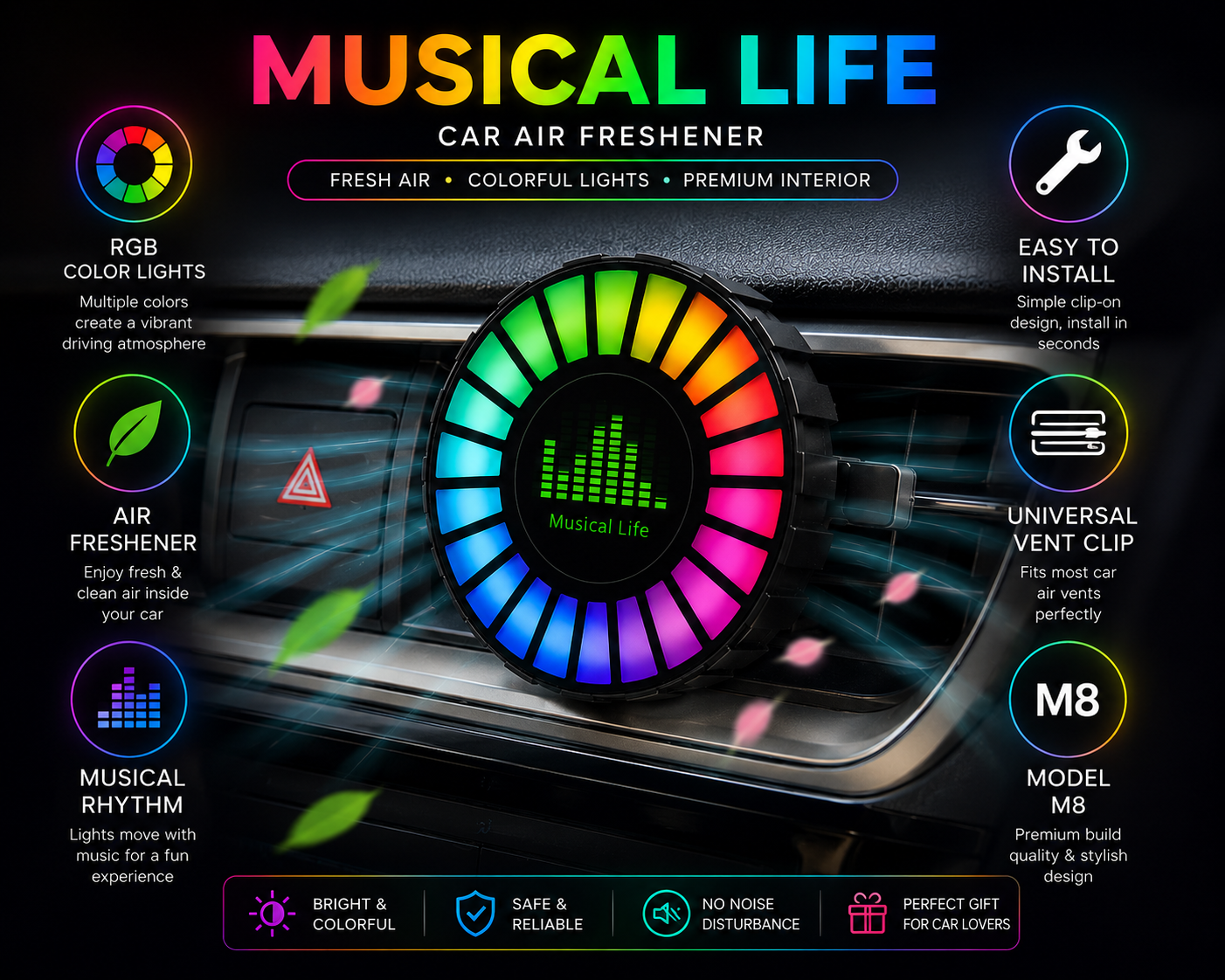 RGB Car Air Vent Clip M8 – Musical Life Car Air Freshener with Colorful LED Lights