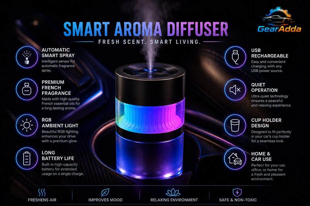 Smart Auto Spray Aroma Diffuser with RGB Ambient Light – USB Rechargeable Car Air Freshener