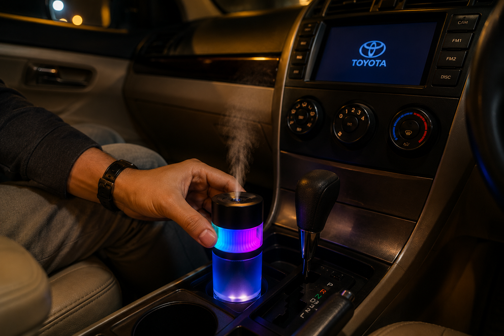 Smart Auto Spray Aroma Diffuser with RGB Ambient Light – USB Rechargeable Car Air Freshener