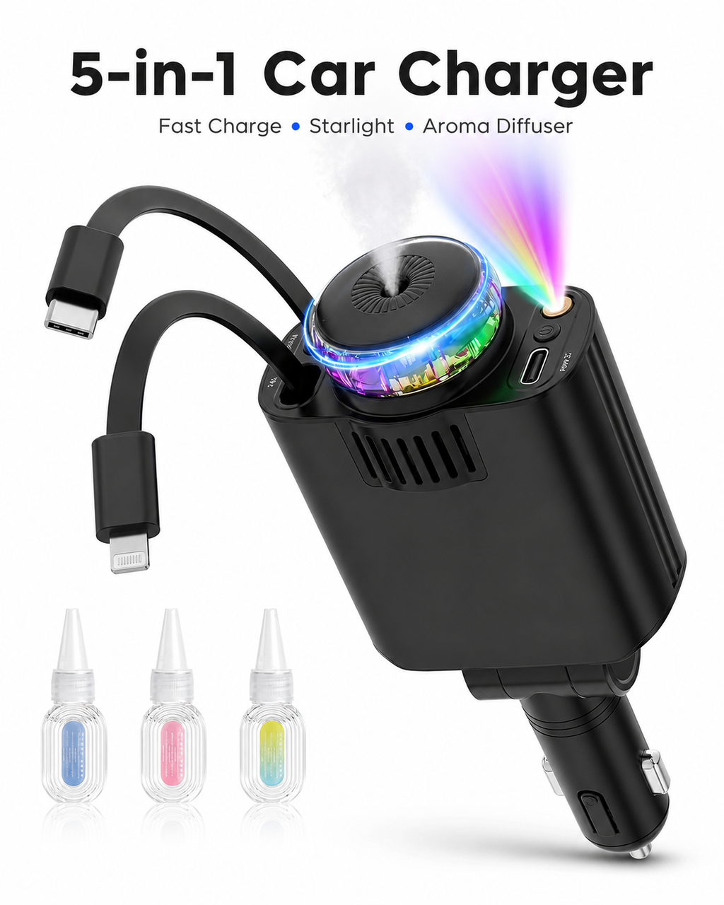 5-in-1 Smart Car Charger with Starlight Projector & Aroma Diffuser – PD 30W Fast Charging, Retractable Cables, Type-C & iPhone Compatible