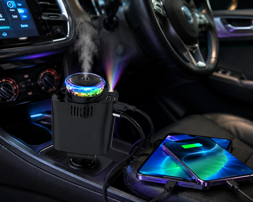 5-in-1 Smart Car Charger with Starlight Projector & Aroma Diffuser – PD 30W Fast Charging, Retractable Cables, Type-C & iPhone Compatible