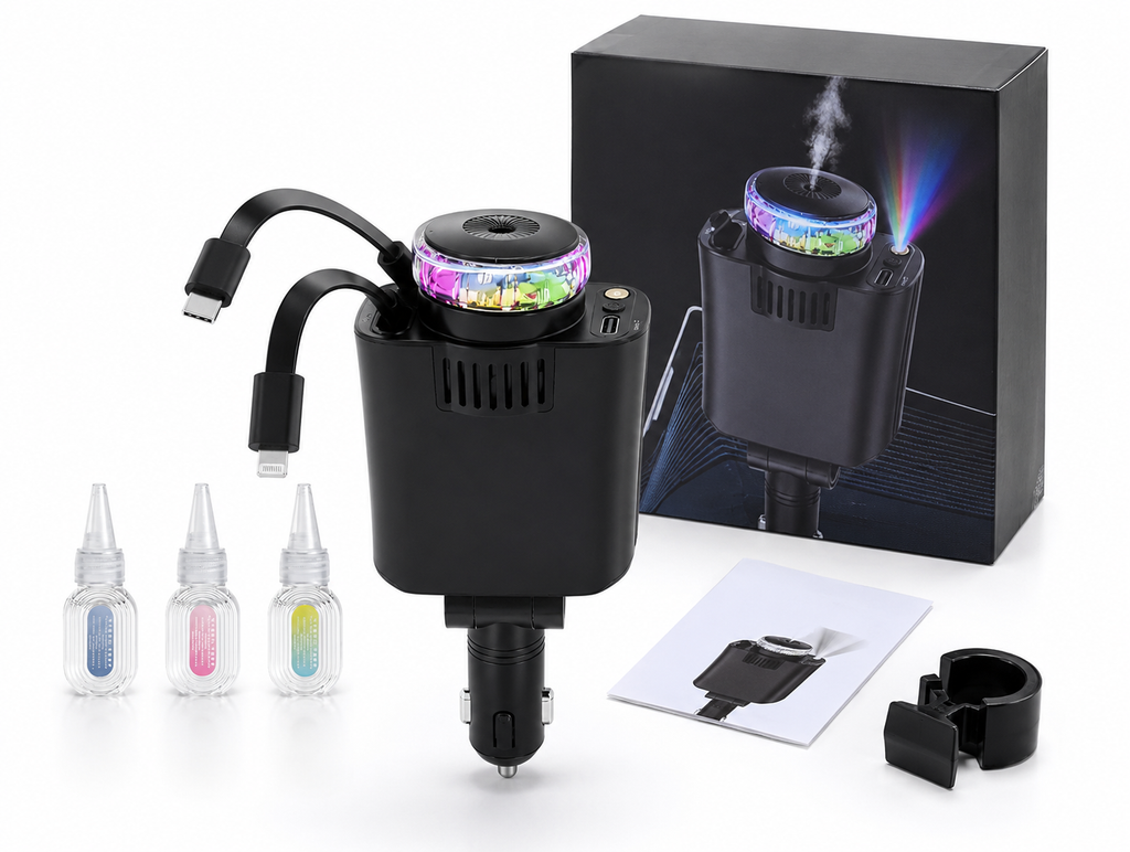 5-in-1 Smart Car Charger with Starlight Projector & Aroma Diffuser – PD 30W Fast Charging, Retractable Cables, Type-C & iPhone Compatible