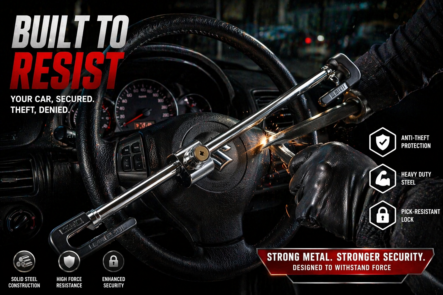 Heavy Duty Car Steering Wheel Lock – Anti-Theft Security Lock with Keys, Universal Fit for All Cars