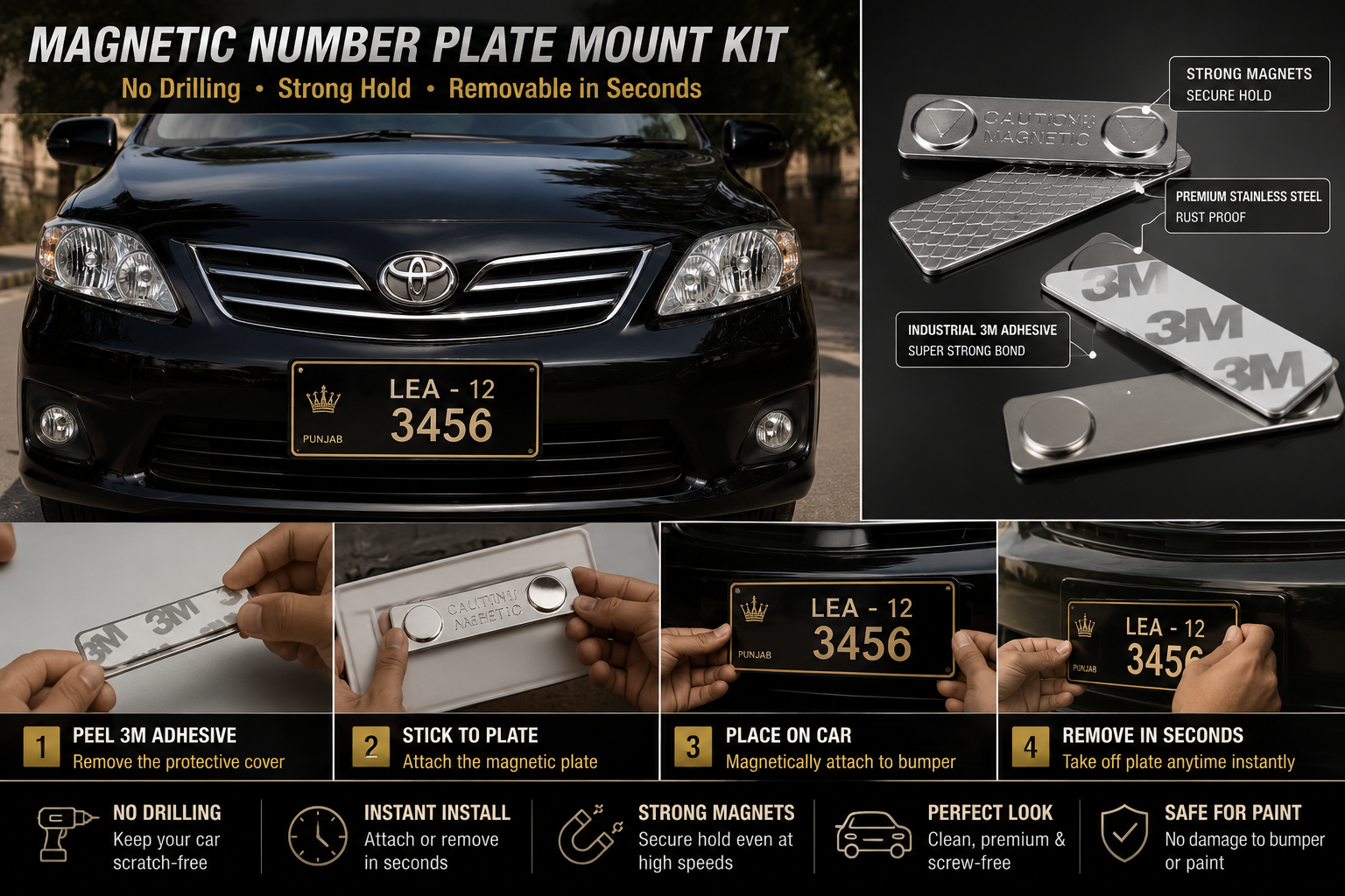 Magnetic Number Plate Mount Kit – No Drill License Plate Holder with 3M Adhesive (2 PCS)