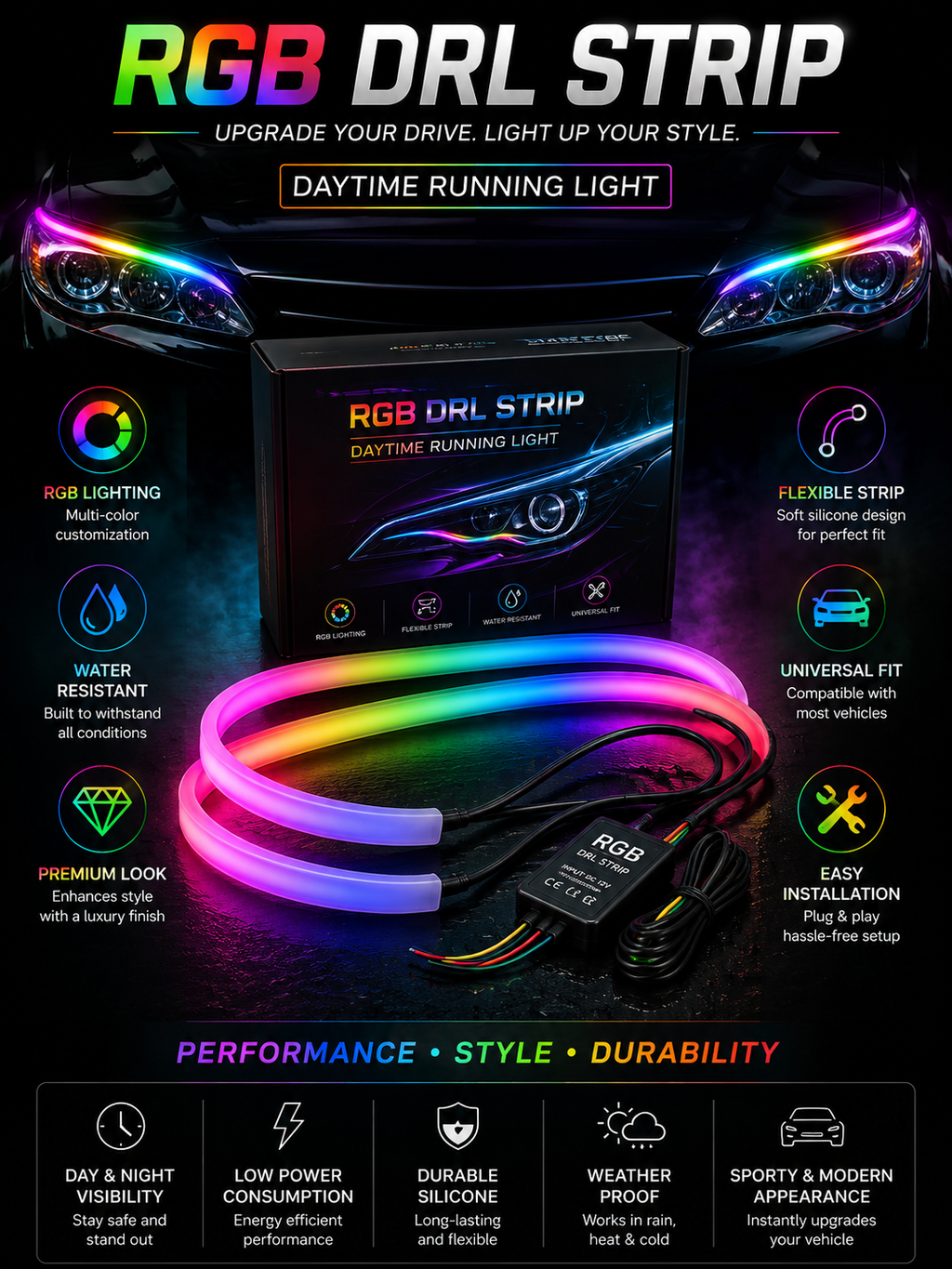 RGB Mobile App Controlled Daytime Running Lights (DRL) Strip Kit - Flexible Headlight Ambient LED for Cars