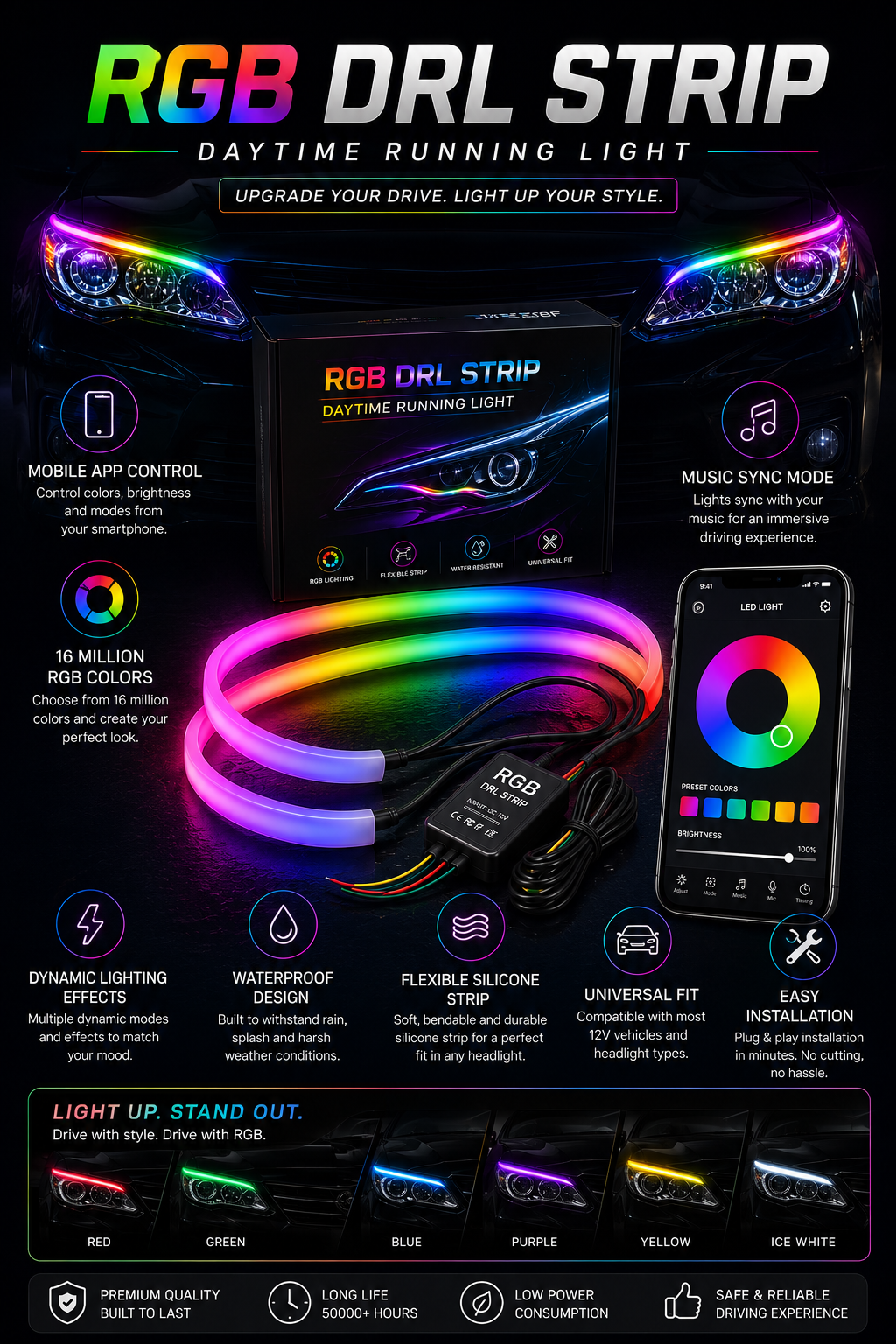 RGB Mobile App Controlled Daytime Running Lights (DRL) Strip Kit - Flexible Headlight Ambient LED for Cars