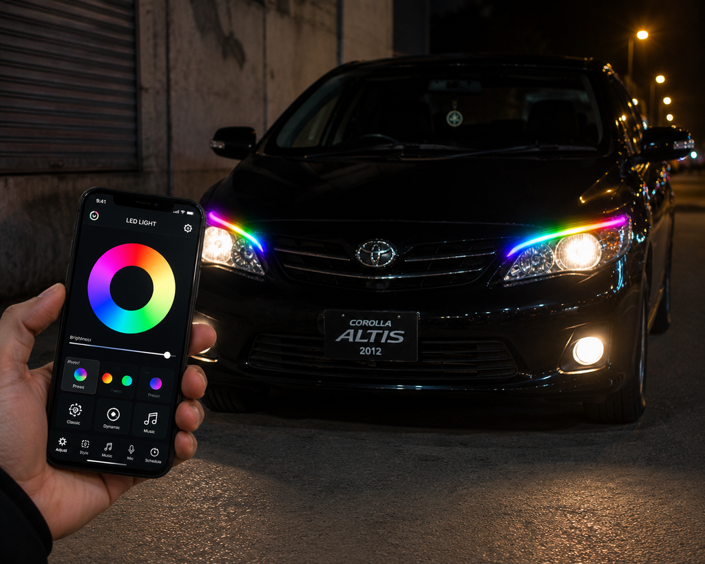 RGB Mobile App Controlled Daytime Running Lights (DRL) Strip Kit - Flexible Headlight Ambient LED for Cars