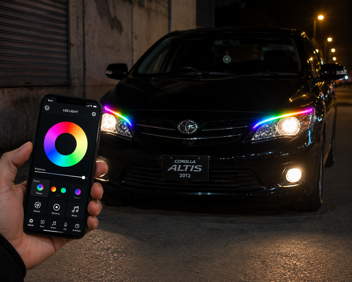 RGB Mobile App Controlled Daytime Running Lights (DRL) Strip Kit - Flexible Headlight Ambient LED for Cars