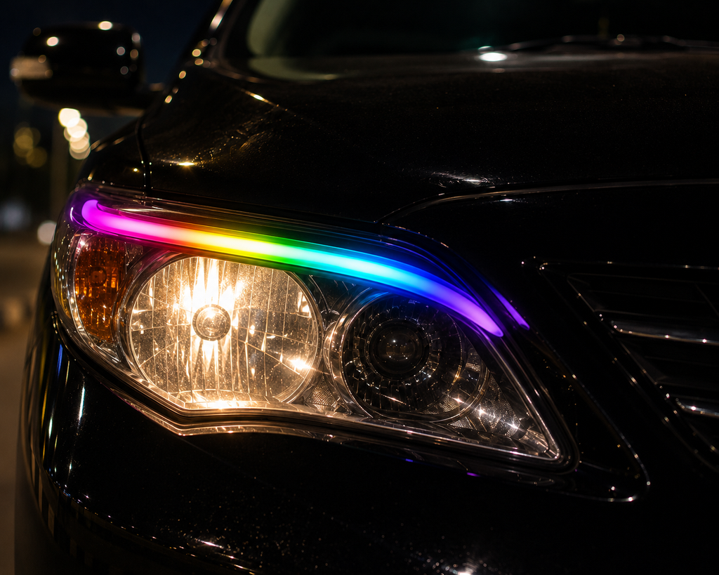 RGB Mobile App Controlled Daytime Running Lights (DRL) Strip Kit - Flexible Headlight Ambient LED for Cars